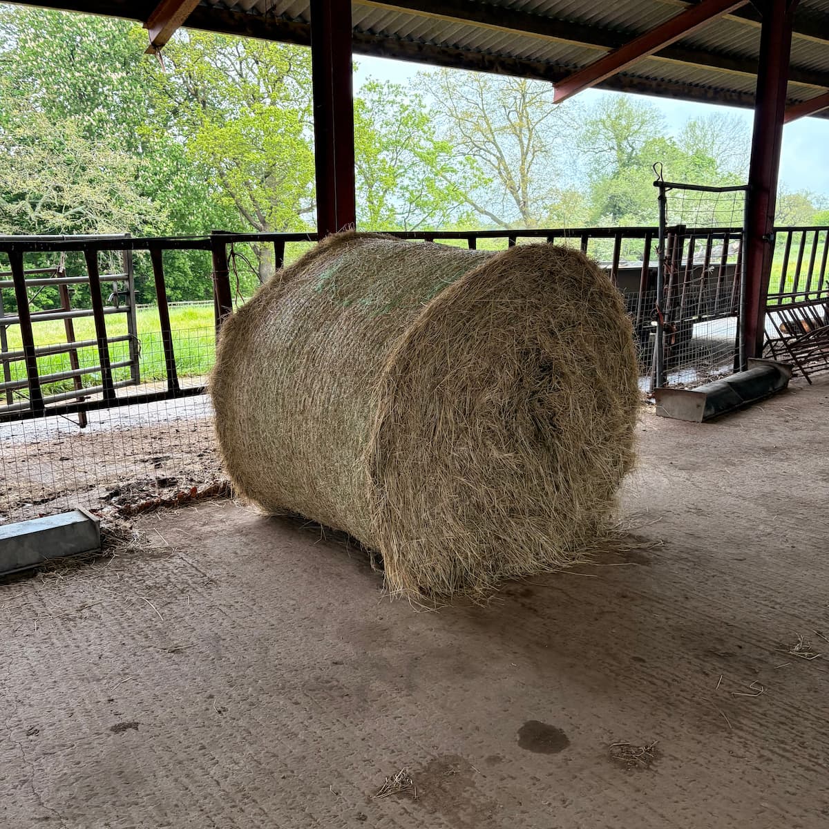 A single round hay bale in a Welsh Borders barn with fields beyond